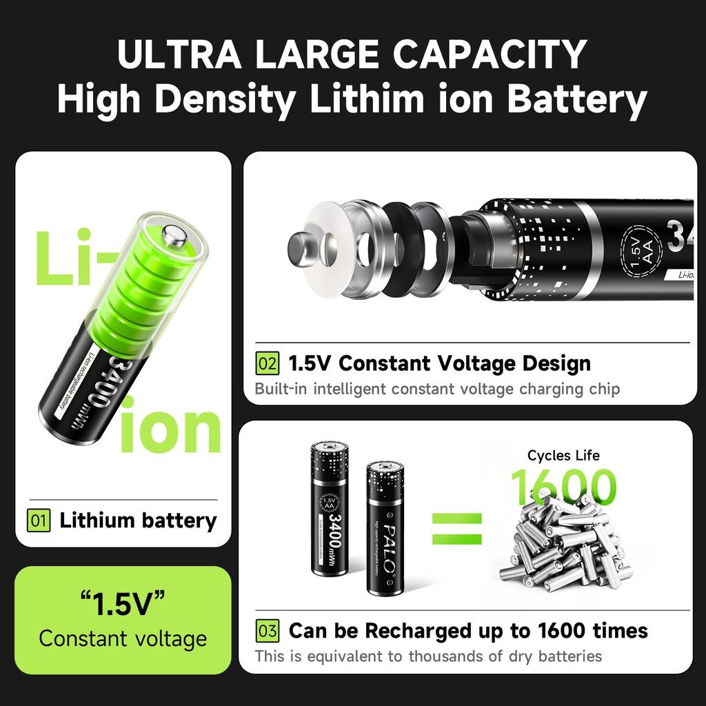 PALO Аккумуляторные литиевые батарейки AA 1,5 В 3400 мВт·ч 1,5 В литий-ионные батарейки AA Интеллектуальный зарядный бокс с дата-кабелем TYPE-C