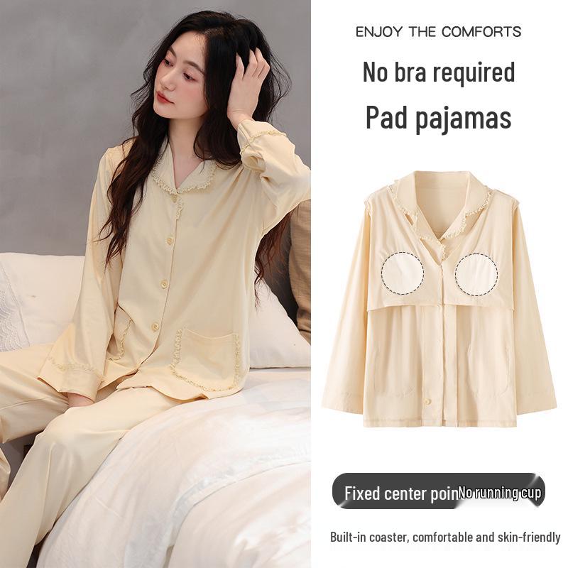 Women's Cotton Long Sleeve Pajama Set with Chest Pad - Casual & Comfortable for Indoors or Outdoors