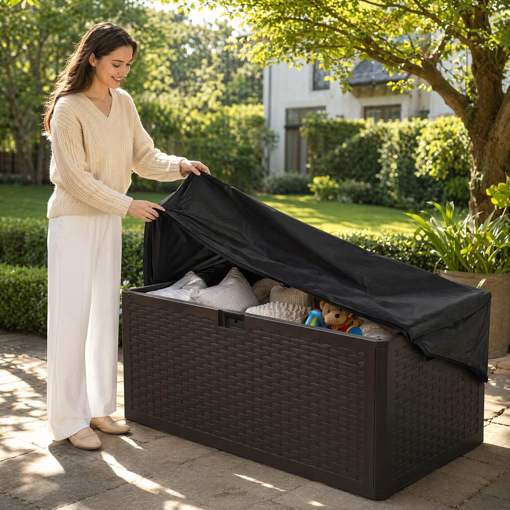 One Piece Outdoor Deck Box Cover - Black Premium Oxford Fabric - Compatible with most other deck boxes (cover only)