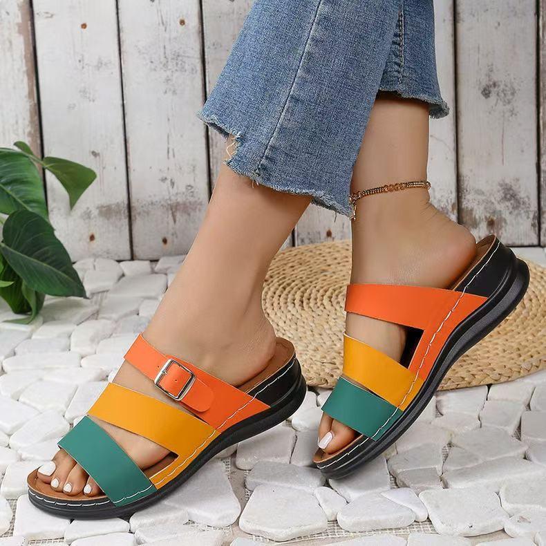 New Wide Width Wedge Sandals for Women Chunky Slide Slippers with Buckle Strap, Fashion Peep-Toe Summer Flip Flops