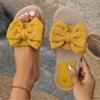 Women's Beige Bowknot Decor Flat Slippers Lightweight Non Slip Outdoor Beach Slides for Woman Comfort One Strap Casual Slippers