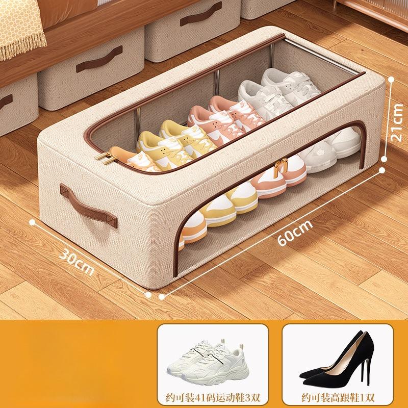 Складной короб для хранения обуви с двойными окошками - Бежевая ткань, Органайзер под кровать для кроссовок и туфель на высоком каблуке, Штабелируемая конструкция, Органайзер для хранения обуви