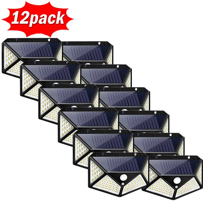1~12 шт. 100 светодиодных настенных светильников на солнечной энергии с датчиком движения, водонепроницаемые уличные светильники для сада, двора, водонепроницаемые лестницы, уличные настенные светильники