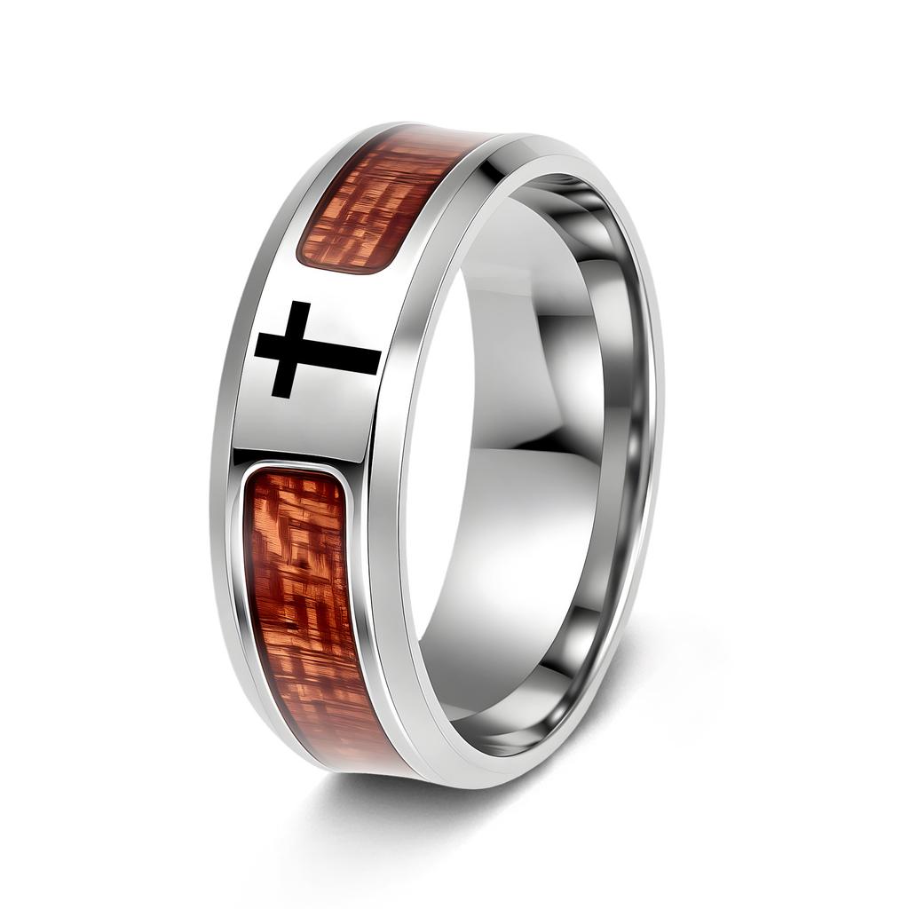 Jewelry Inlaid with Acacia Wood Grain Half Circle Tree of Life Ring Cross Ring