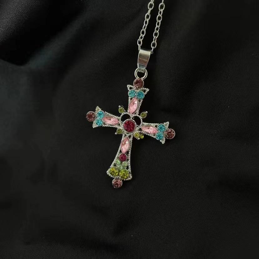 Vintage Pink Purple Rhinestone Cross Necklace for Women, Dainty Gemstone Christian Cross Pendant, Religious Catholic Boho Cross Jewelry Gift