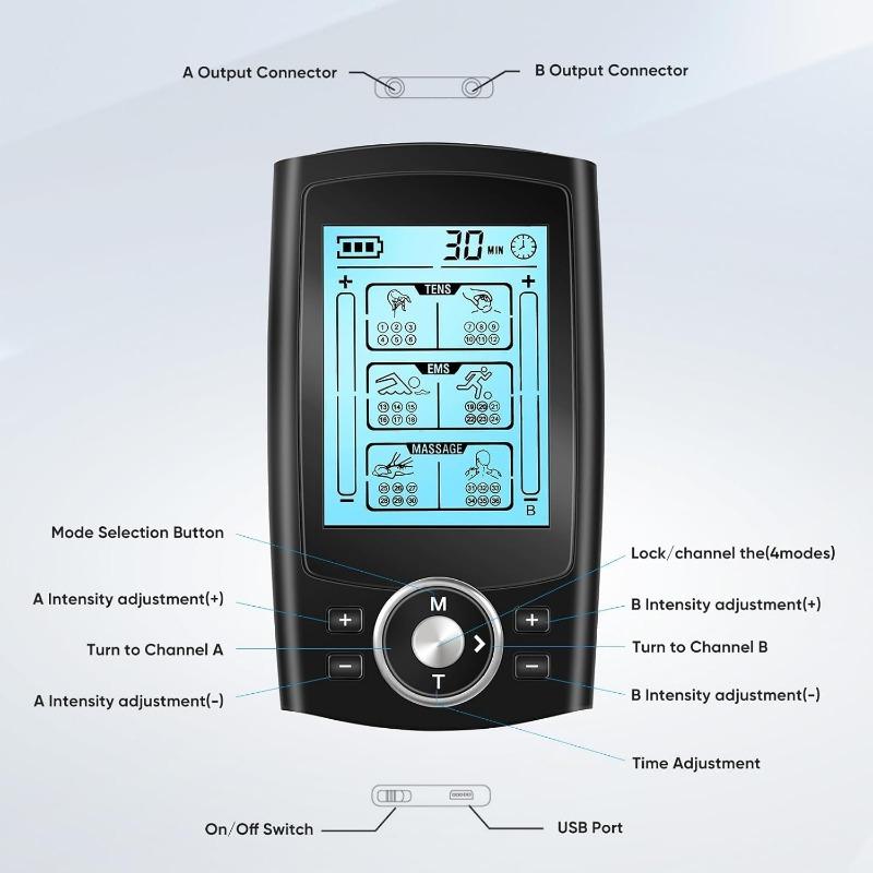 Цифровой TENS/EMS аппарат с 36 режимами, 10 электродными накладками, устройством для электрической стимуляции, перезаряжаемый, с 2 каналами, стимулирующий ток 3-в-1