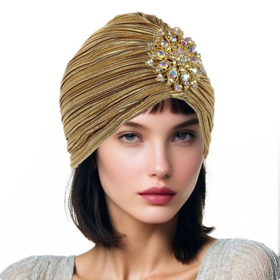 Headscarf Hat with Fancy Pleats Rhinestones Retro Style Women Turban Hat 20s 30s Vintage Headpiece Hair Accessories
