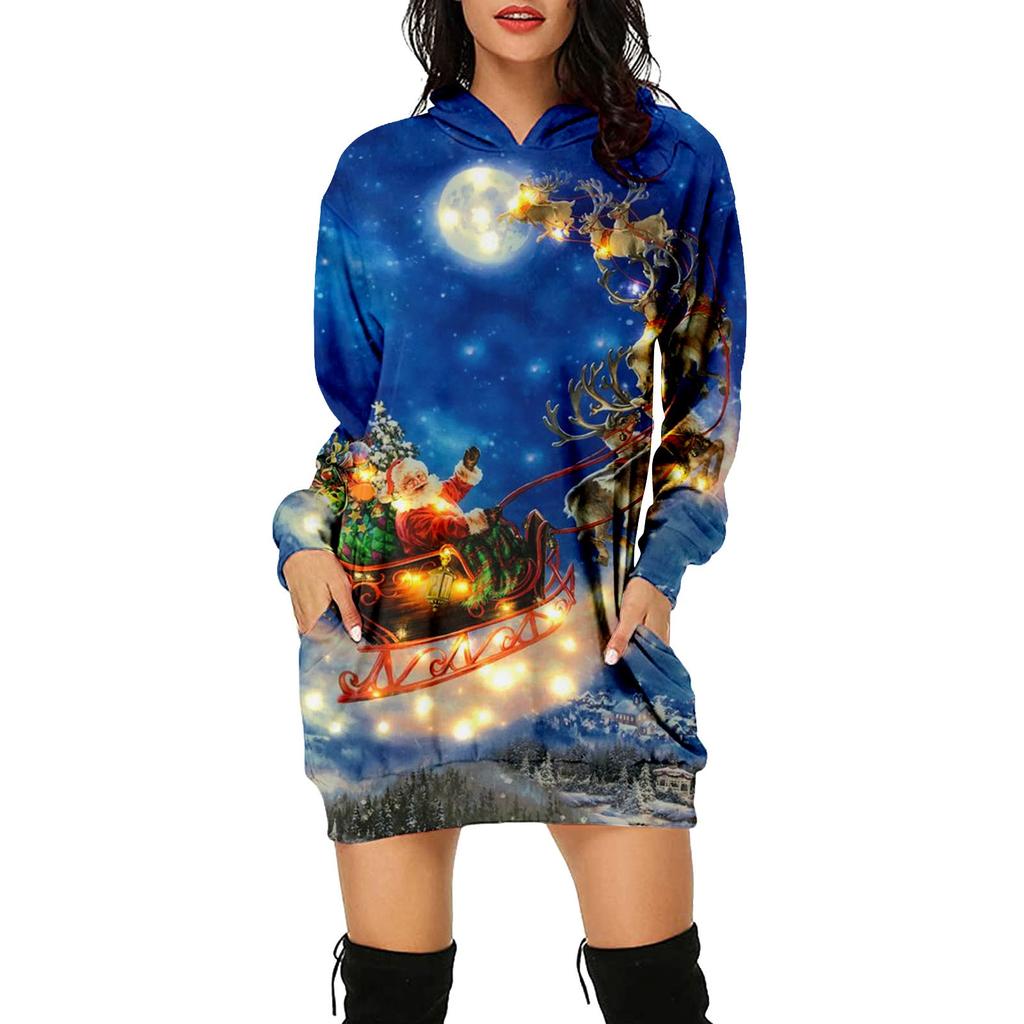 Women's Fashion Christmas Printed Pockets Long Sleeve Hoodies Pullover Dress