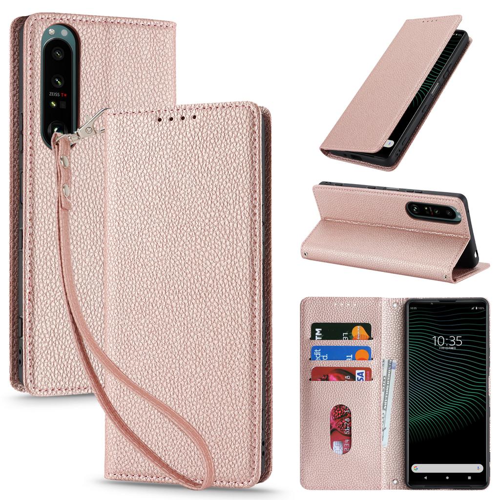 For Sony Xperia 1 IV 5G Case Stand Wallet Litchi Texture Leather Flip Phone Cover with Strap
