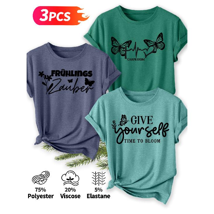 Three-piece set Elegant short-sleeved shirt for women Butterfly Spring Inspirational Slogan Print Pattern Round Neck Short Sleeve Casual Style