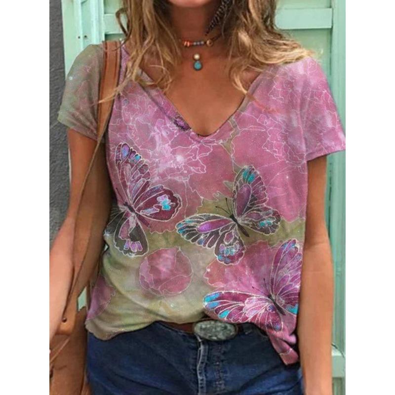 V-neck Short Sleeved Top with Sexy 3D Animal Butterfly Dragonfly Print Women's T-shirts