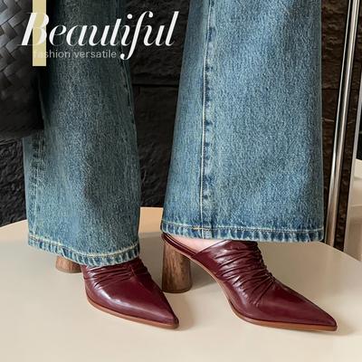 Мода 2025 Новые летние женские мюли с острым носком на высоком каблуке, туфли из натуральной кожи, женские туфли с закрытым носком, босоножки с ремешком на пятке, современные шлепанцы