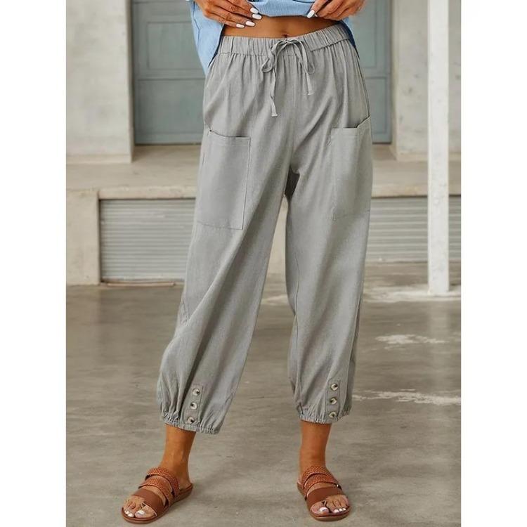 Осень Женские Хлопково-Льняные Эластичная Талия Высокая Посадка Широкие Штанины Свободные Прямые Брюки Однотонные Женские Брюки