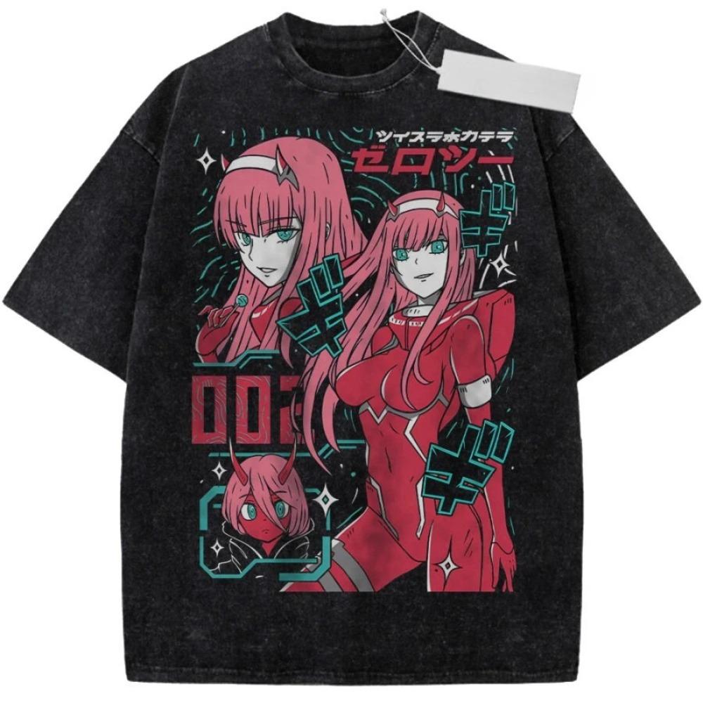 DARLING in the FRANXX Зеро Ту 002 Аниме Графическая Футболка Винтажная Стиранная Черная Хлопковая Уличная Футболка
