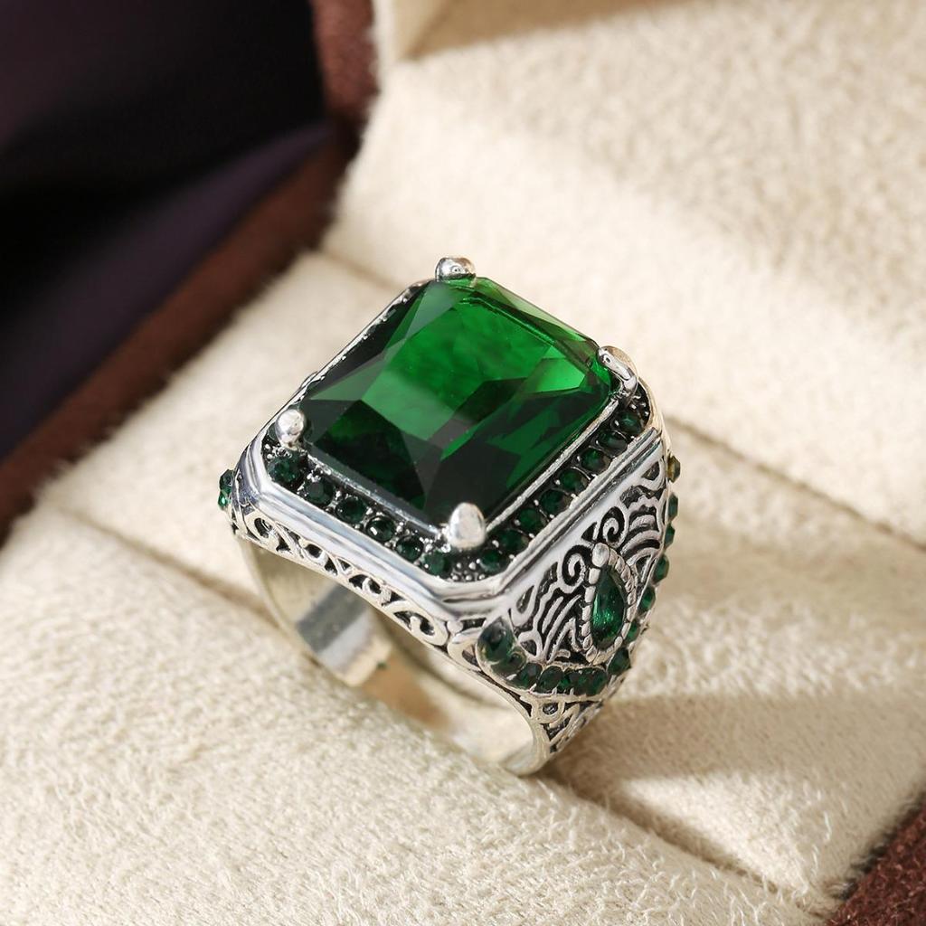 Ретро этнические мужские кольца: Инкрустация красным и зеленым цирконием, корейский стиль моды