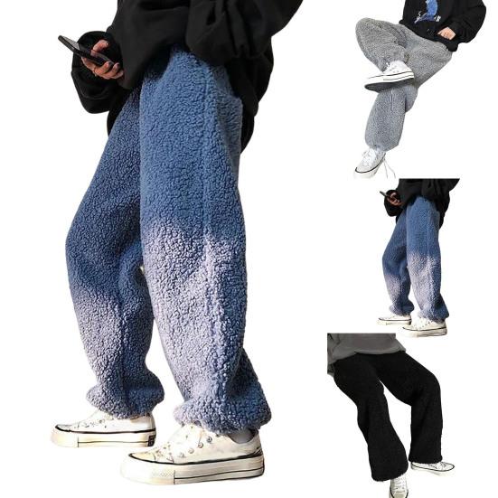 Autumn Winter Women Pants Solid Color Elastic Waist Thickened Imitation Cashmere Loose Straight Ankle Tied Trousers Streetwear