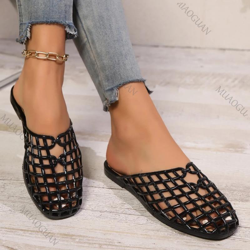 Fashion Women's Shoes 2025 Summer New Mesh Woven Hollowed-out Breathable Head Slippers for Women's Flat Bottom Sandals Zapatos De Mujer