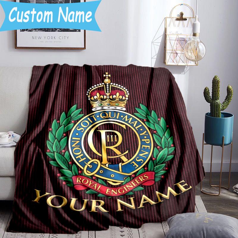 Custom Name Royal Engineers Crest Blanket Flannel Blanket for Camping, Hiking, Garden Parties, Picnic Essentials,gift for family and friend