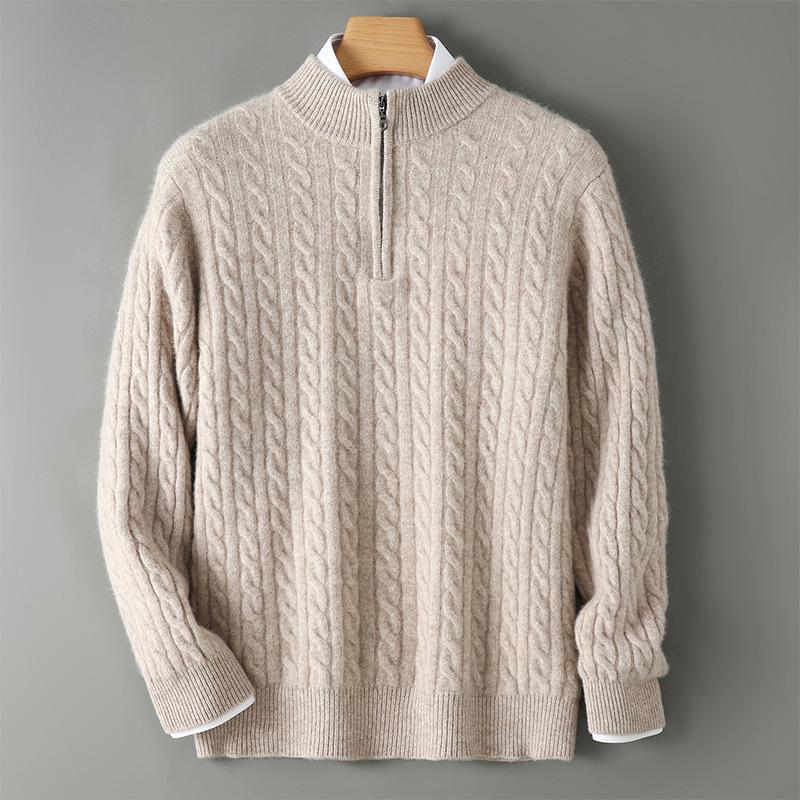 Men's Autumn/Winter Pure Wool Half-High Collar Zipper Sweater