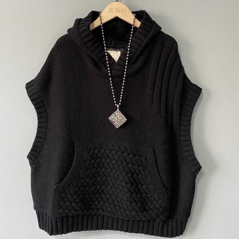FiveFive Sweater Vest Women Retro Chic Hooded All-match Chinese Style Fashion Ladies Knitwear Front Pocket Autumn Basic Clothing