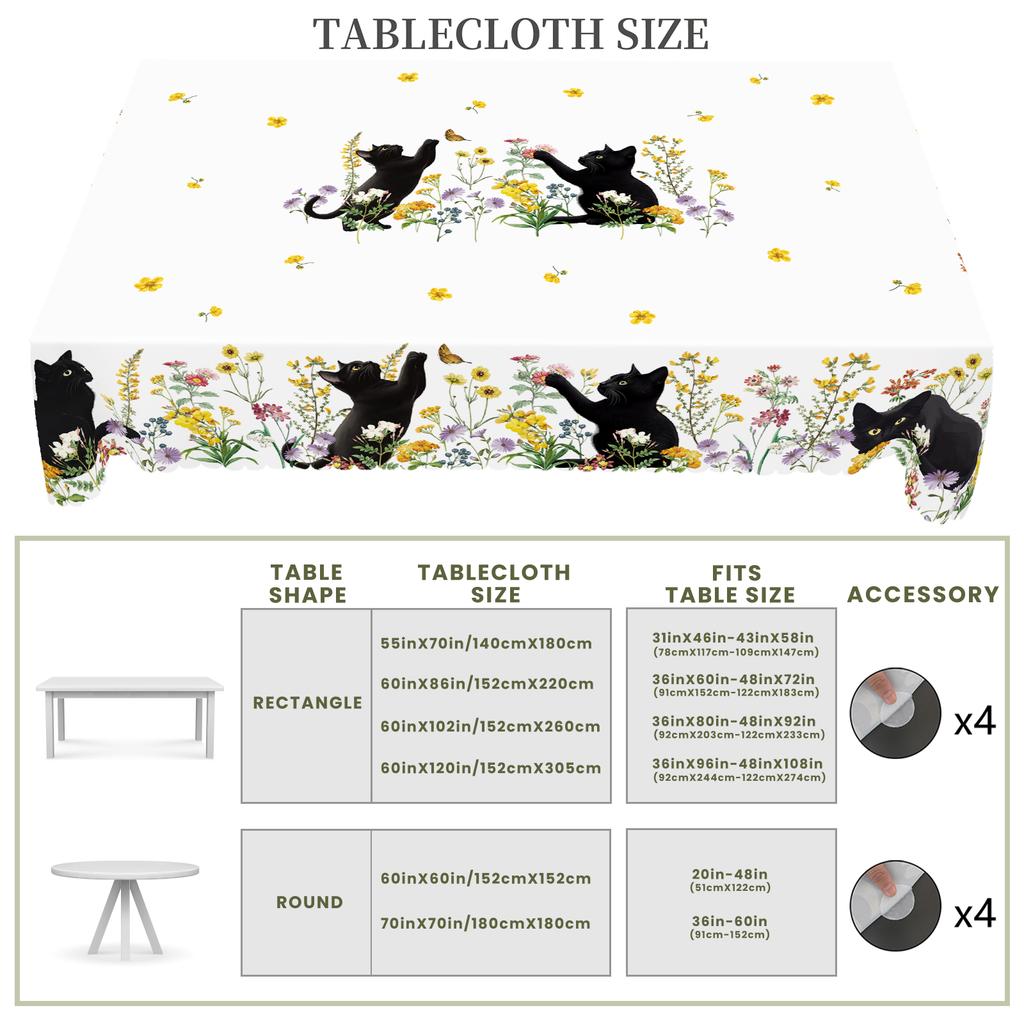 1 Piece Of Kitten Themed Printed Tablecloth, Country Farmhouse Style, Black Kitten, Flower Pattern Design, Multiple Sizes Available, Suitable For Spri