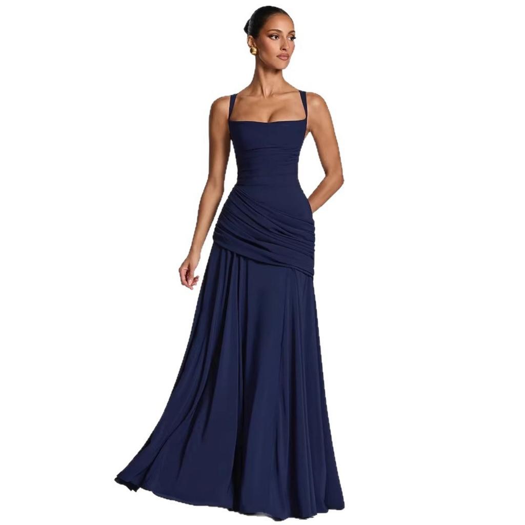 Elegant Backless Sleeveless Strappy Ruched Bodycon Long Evening Party Dress for Women