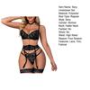 1 Set Sexy Bra Panties Garter Set Hollow Out See-through Lace Multi Strap High Waist Chain Decor Fishnet Elastic Thin Halter Neck Honeymoon