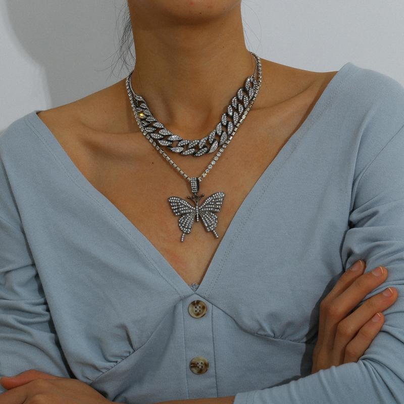 RUI RUI YU Women's Necklace Hip Hop Style Diamond-mounted Double-deck Chain Butterfly-shape Necklace