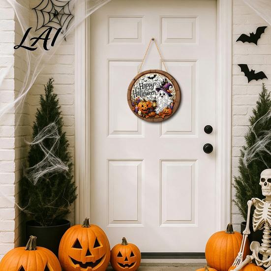 Vintage Owl Black Cat Ornaments Halloween Round Puzzle Sign Witch Skull Wooden Decor with Stable Base Decorative Stand Spooky Tabletop Ornament for