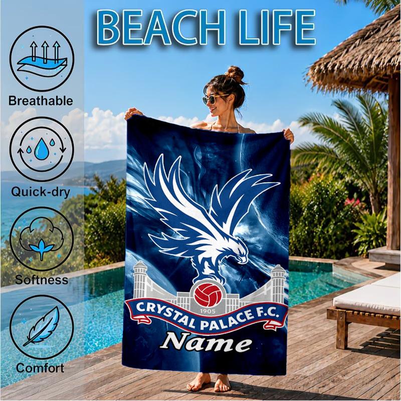 Custom Name Beach Towel Crystal Palace Crest Art Microfiber Beach Towel, Lightweight for Summer Travel, Swimming Pool Fan Birthday Gift