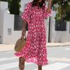 Women Floral Print Bohemian Long Dress Loose V-Neck Fashion Summer Beach Dress