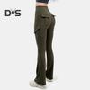 Women Flared Pants Elastic High Waist Wide Leg Casual Trousers with Flap Pockets Solid Color Cargo Pants Daily Wear