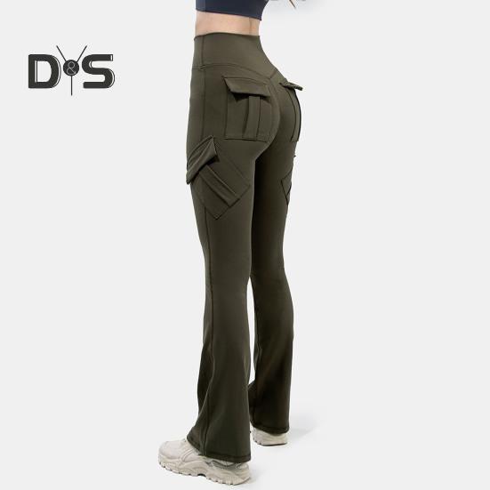 Women Flared Pants Elastic High Waist Wide Leg Casual Trousers with Flap Pockets Solid Color Cargo Pants Daily Wear