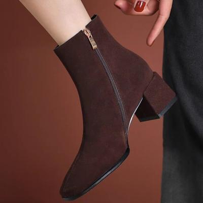 2024 Осень Зима Женские Ботинки Квадратный Носок Толстый Каблук Женские Туфли Для Зимы Платформа Плюс Бархат Острый Носок Квадратный Блочный Каблук