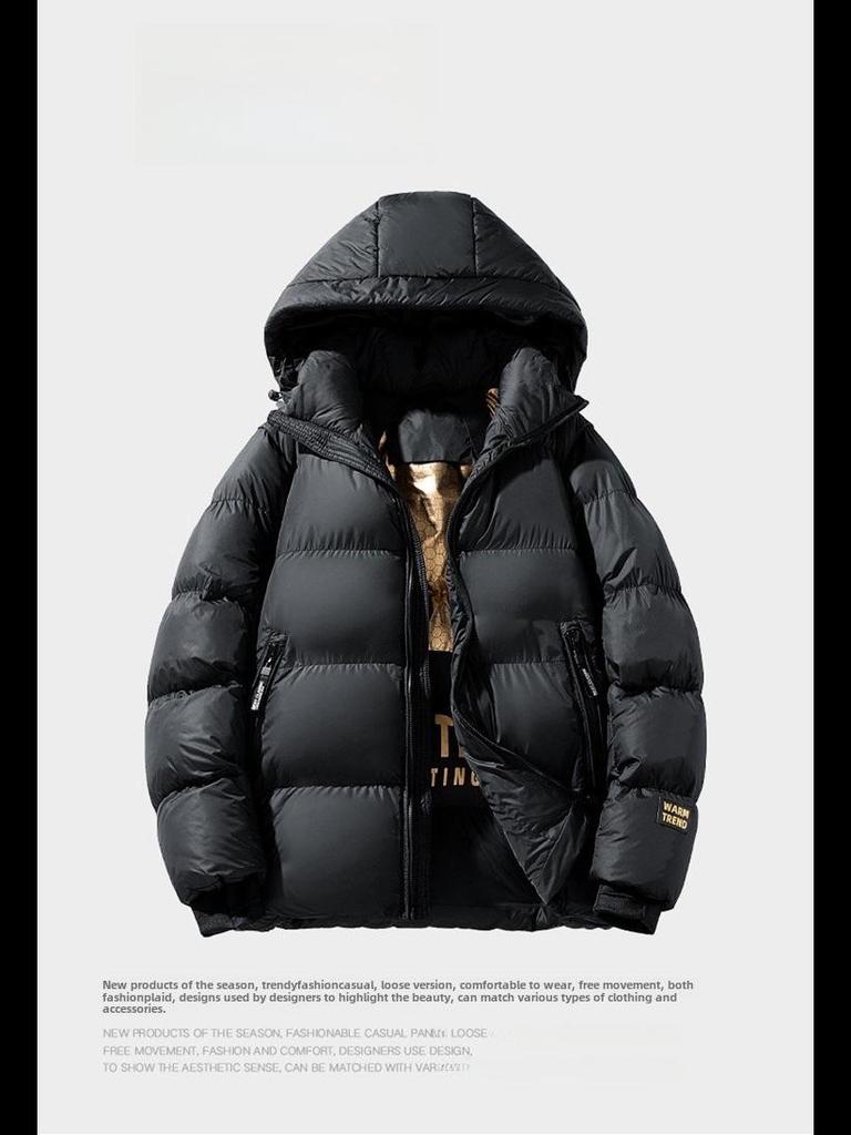 Мужская универсальная зимняя куртка из хлопка с капюшоном, черная с золотом — плотная, теплая, в студенческом стиле
