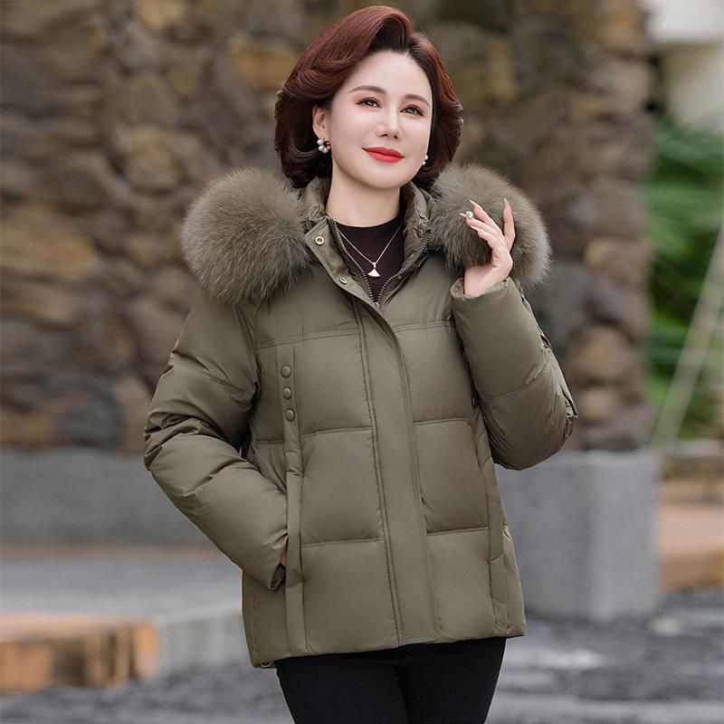 Premium Winter Hooded Short Down Jacket for Middle-aged and Elderly Women with Fox Fur Collar