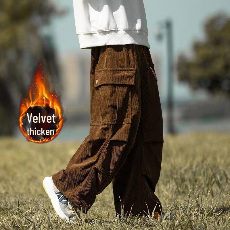 Мужские повседневные модные вельветовые комбинезоны армейского зеленого цвета - осенние и зимние широкие брюки