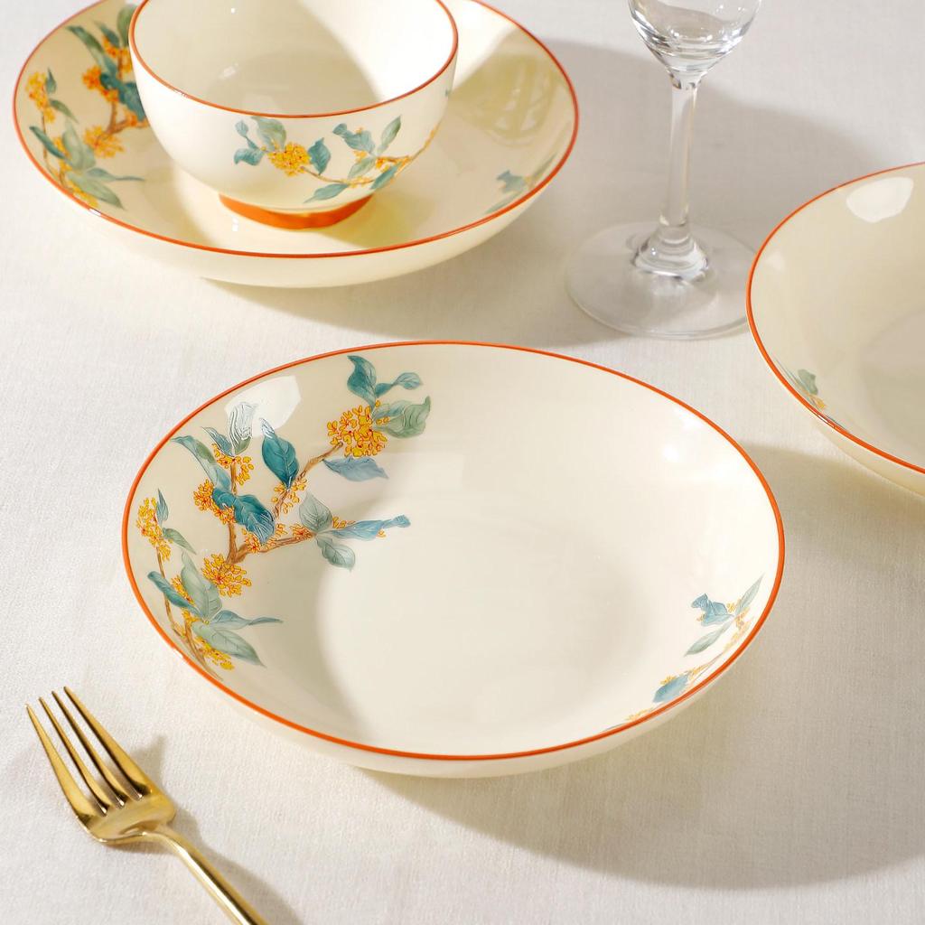 Керамическая обеденная тарелка «Золотая осень и османтус» - Глубокая суповая и круглая тарелка в китайском стиле Коллекция 2025