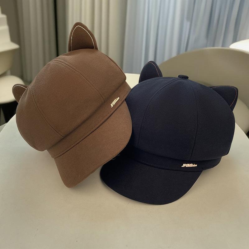 Осенне-зимние шляпы для женщин Британская ретро восьмиугольная шляпа Большой обхват головы Маленький берет, подчеркивающий лицо Универсальная кепка с кошачьими ушками