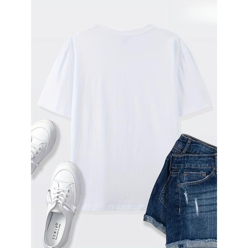 Женская белая полиэстеровая футболка европейского размера с принтом в виде розовой звезды - Повседневная, удобная и универсальная для дома