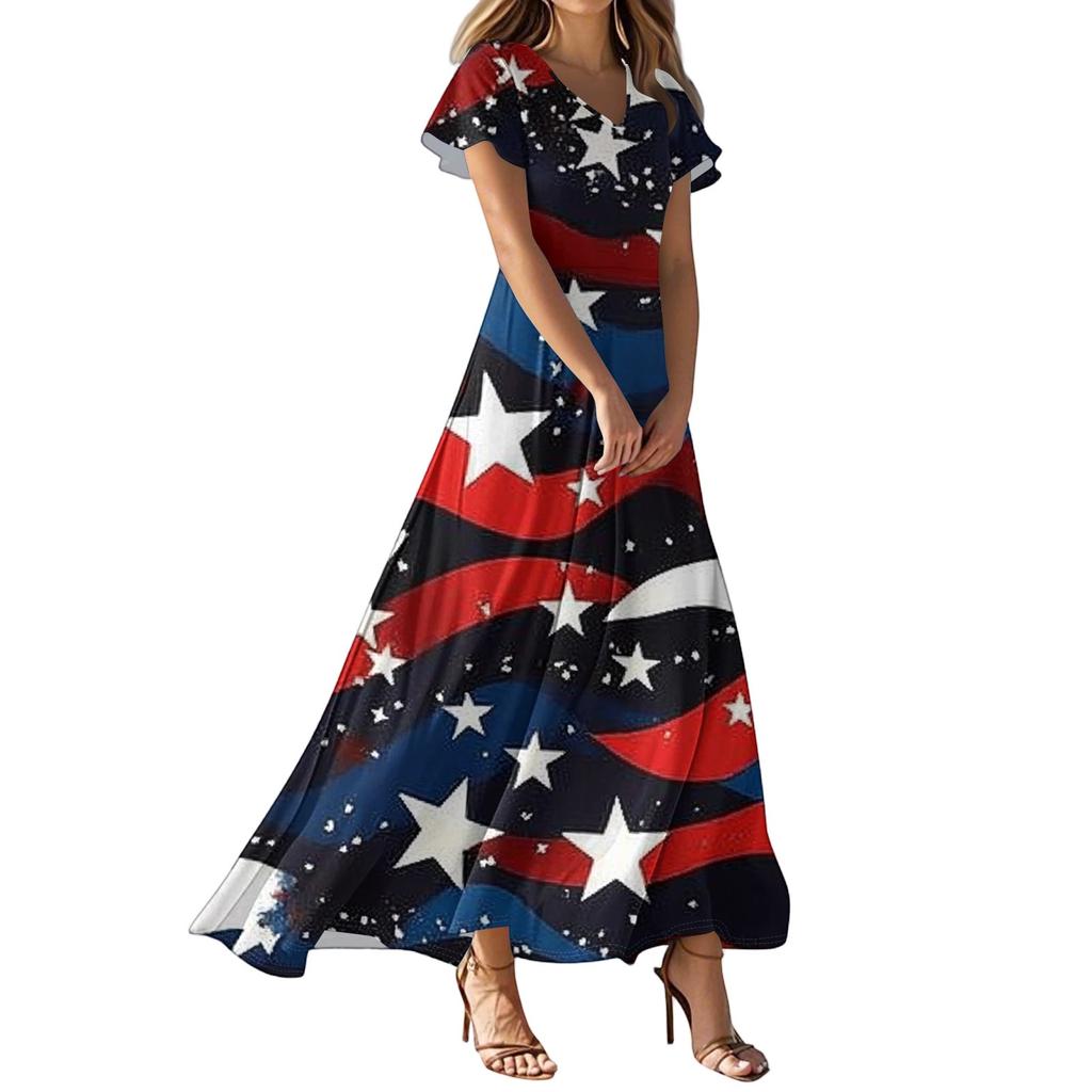 Женские повседневные модные длинные платья с принтом, платья с V-образным вырезом и коротким рукавом