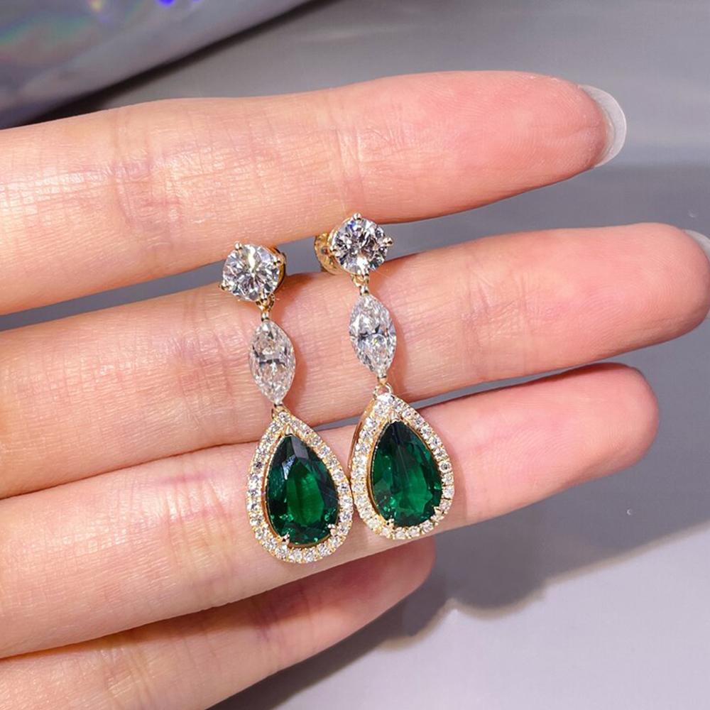 Huitan Water Drop Green Cubic Zirconia Hanging Earrings for Women Temperament Elegant Ear Earrings Party Wedding Luxury Jewelry