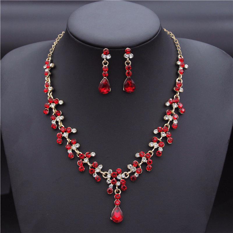 Crystal Bridal Wedding Jewelry Sets Women Gold Color Rhinestone Necklace Long Earrings Set Dress Accessories Bridesmaid