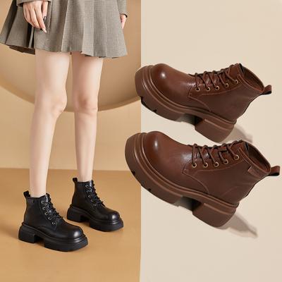 Осенне-зимние женские туфли из натуральной кожи на платформе со шнуровкой, небольшого размера, стелька, увеличивающая рост, повседневные женские ботильоны Tide