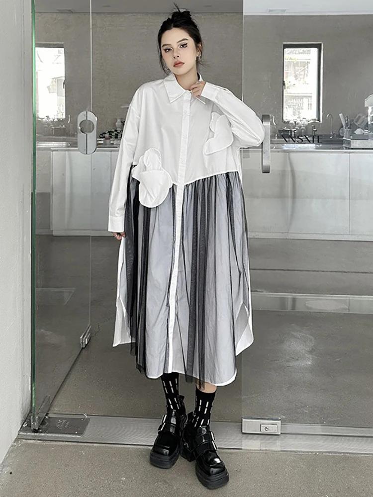 Xitao Однобортное платье с сетчатым узором и цветочной складкой GMM1160