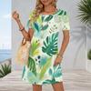 Women Plus Size Round Neck Short Sleeve Tropical Leaf Printed A Line Dress