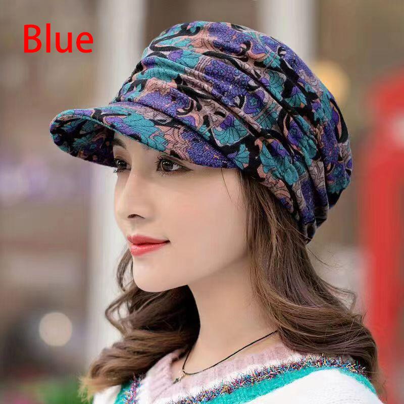 Women Keep Warm Turban Visor Hat Floral Print Windproof Cap Wide-Brimmed Cap Winter Warm Fashion