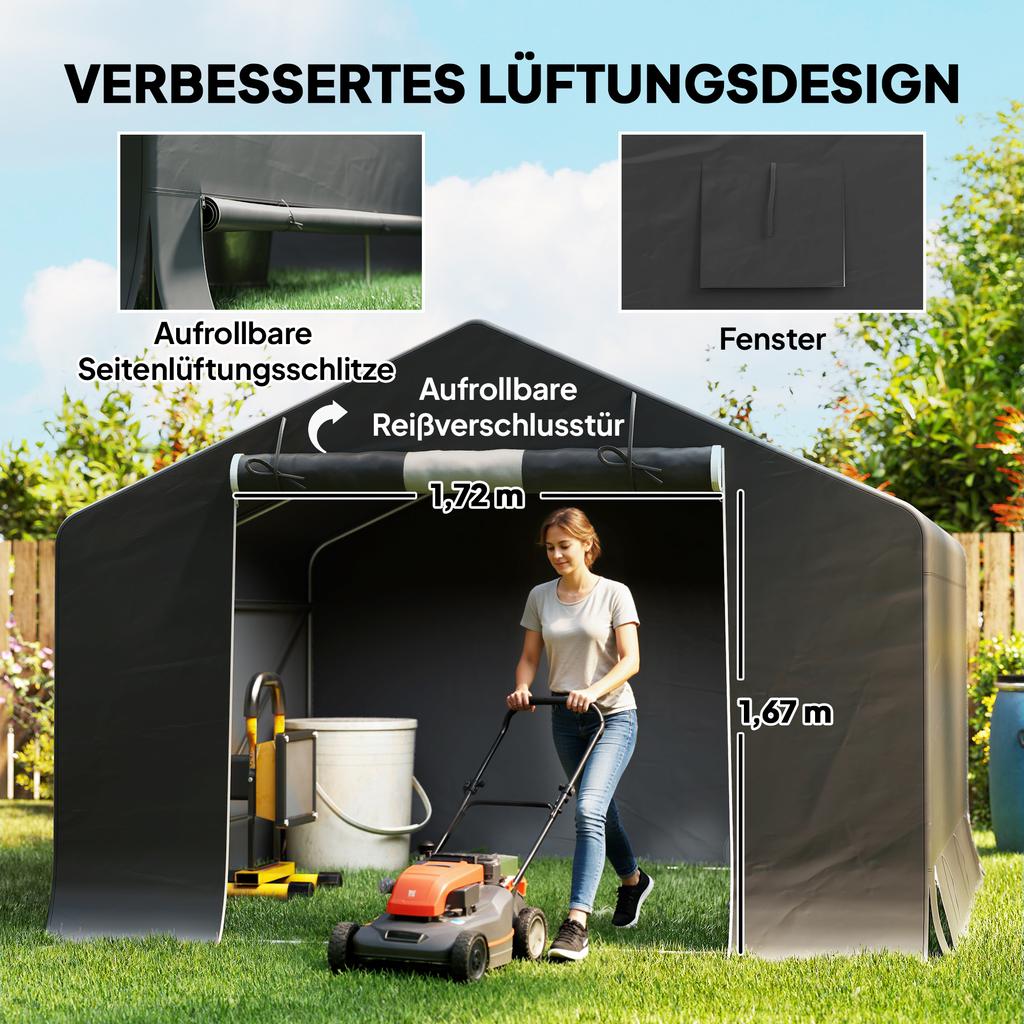 Portable garden shed. Bicycle tent. Roll-up door with zipper. Metal frame. Versatile storage. Dark gray