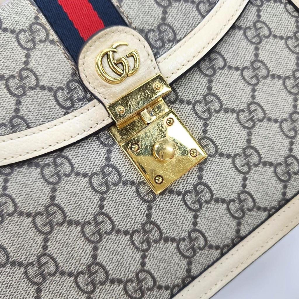 [Pre-Owned] Ophidia Logo Stripe Web Metal Lock Canvas And Leather Trim Shoulder Bag - Good #1X2C7FJ