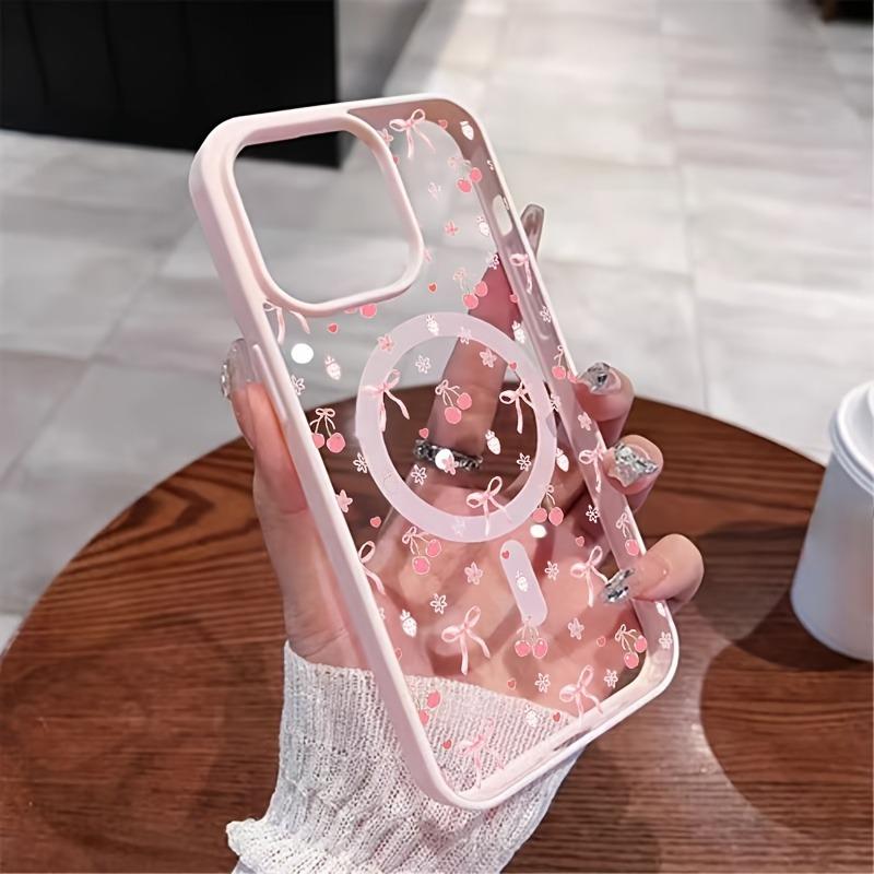 Для iPhone 17 Pro Max 16 15 14 13 12 11 Чехол Мультяшный Розовый Вишневый Маленький Бант Магнитная Крышка Для iPhone Air 17E 16E 16 Plus Fundas